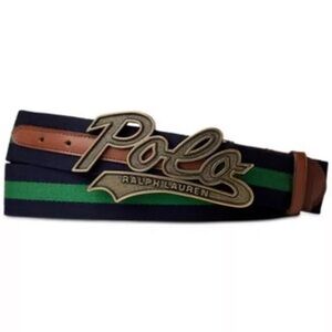 Polo Ralph Lauren Plaque Big Spellout Logo Buckle Striped Navy Green Belt men’s